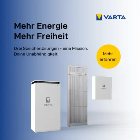 Mehr Energie. Mehr Freiheit. Produktbild von VARTA mit Speicherlösungen